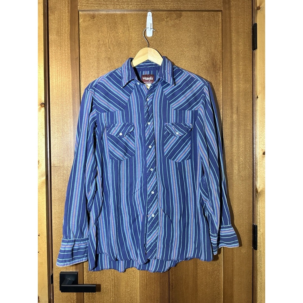 Vintage Wrangler Western Shirt Mens L Blue Striped Pearl Snap Cowboy USA Made